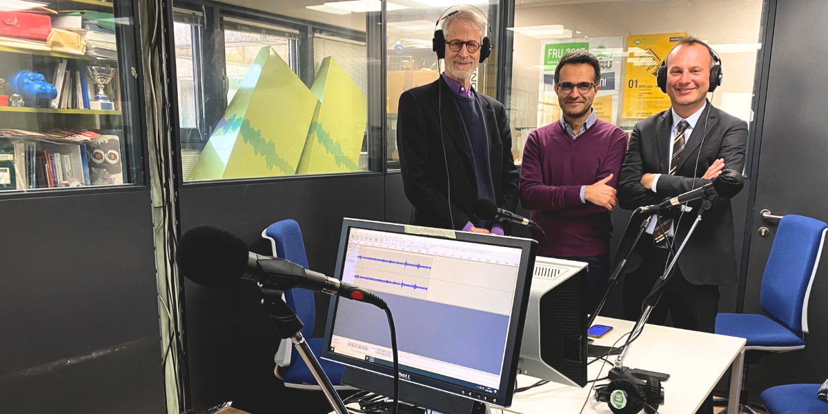 Adrian Van der Weel, Giovanni Tallarico e Massimo Salgaro in studio presso radio Fan per registrare l'intervista del primo episodio del Podcast Inclusioni